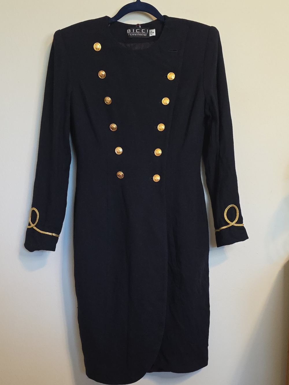 Navy Double-Breasted Military-Style Coat Dress with Gold Trim